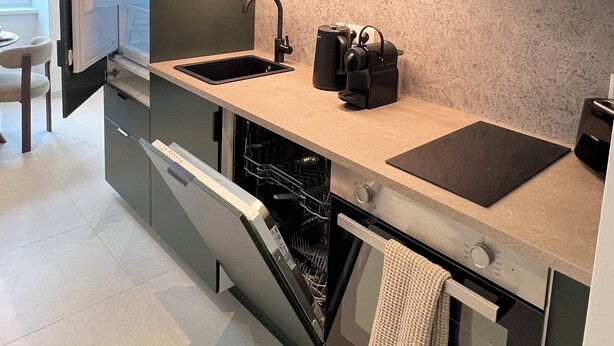 Una cucina moderna con mobili scuri, un lavello, una macchina da caffè e una lavastoviglie.