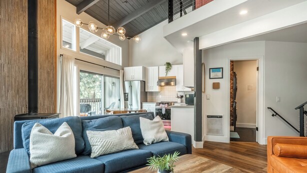 Un salon moderne avec un canapé, une table basse et une plante.