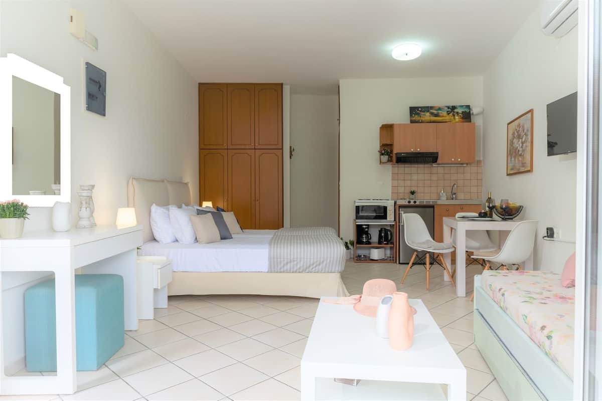 Una habitación funcional con cama, escritorio, kitchenette y zona de estar.