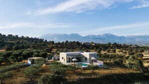 A modern house with a pool, surrounded by olive groves and mountains. - Ramo Dolivo Villa With Private Pool (Faistos)