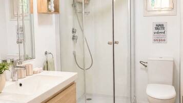 Shower, hair dryer, bidet, towels