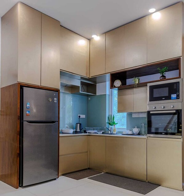 Une cuisine moderne dotée d’appareils électroménagers intégrés, d’une fenêtre et d’une plante posée sur le plan de travail.