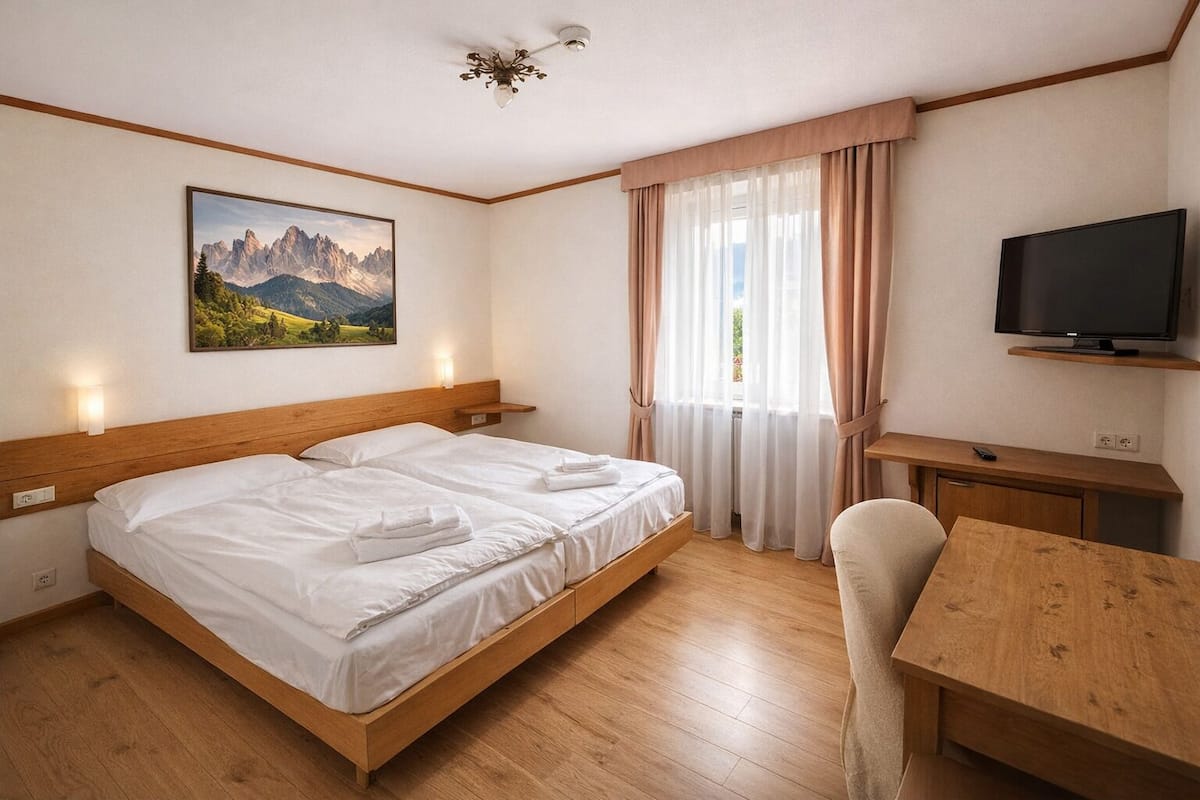 A hotel room with a wooden bed, a desk, a television, and a mountain landscape painting.