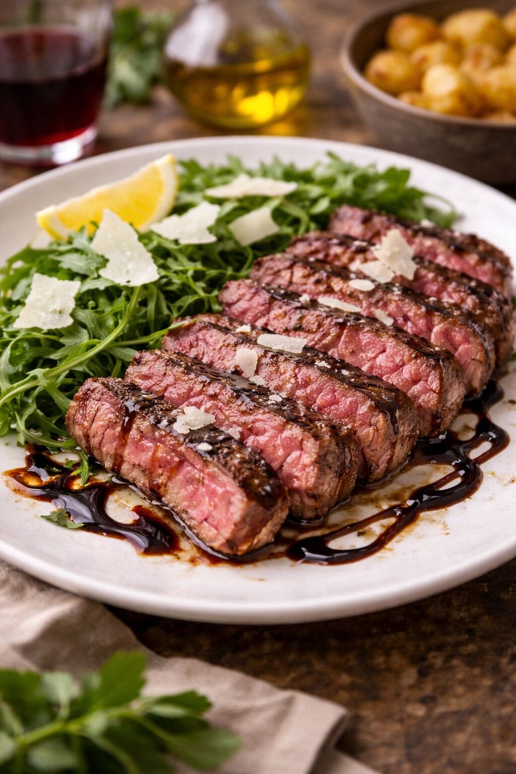 A plate of sliced steak with a dark sauce, garnished with lemon and greens, on a white plate.
