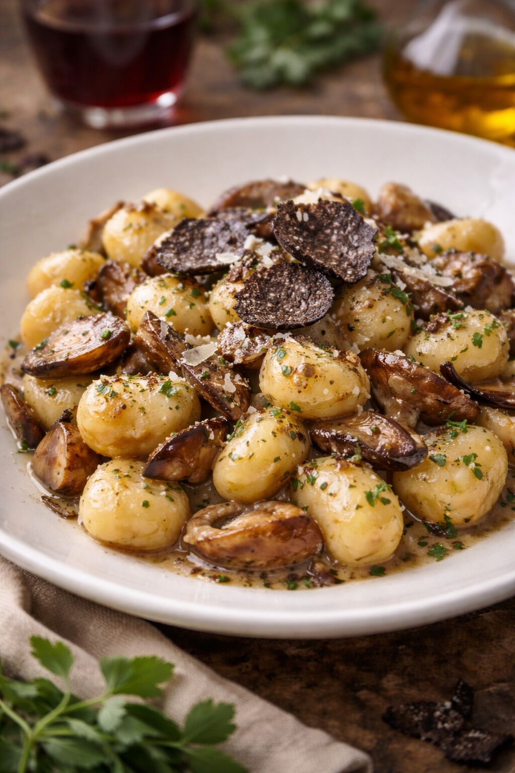 Une assiette de nourriture contenant des pommes de terre et des champignons, garnie d’herbes aromatiques.