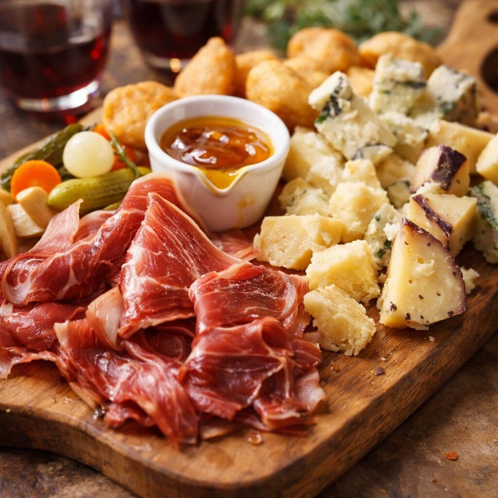A wooden board with various food items including sliced meats, cheese, and vegetables.