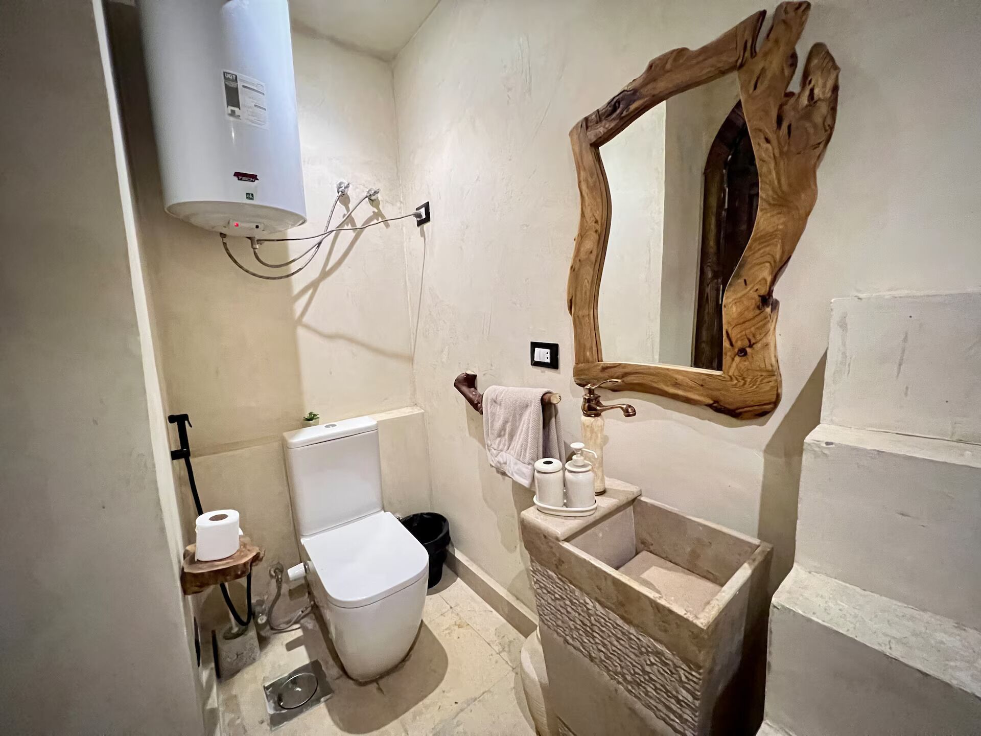 Hair dryer, towels, soap, toilet paper