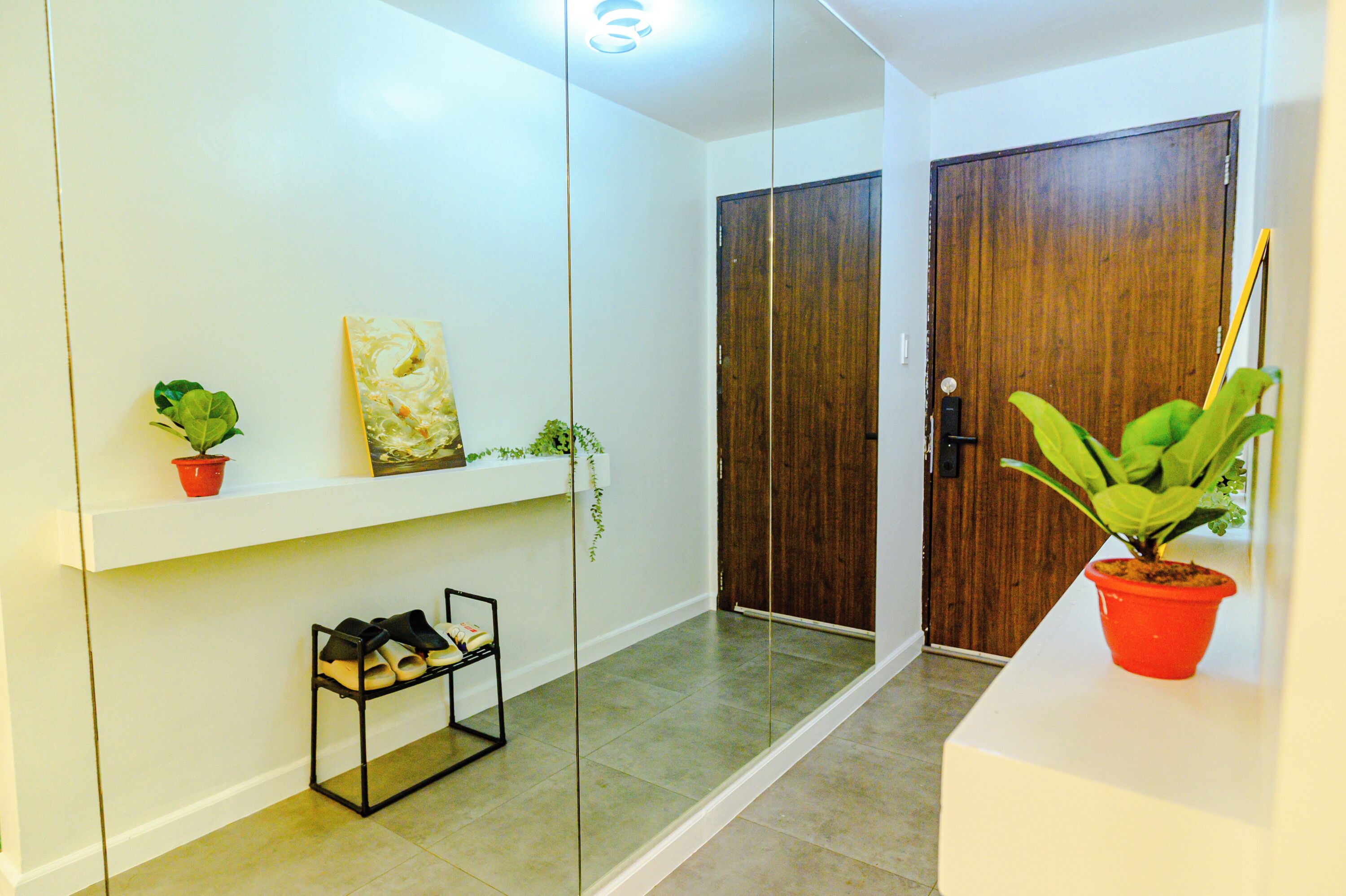 A hallway with a shoe rack, a potted plant, and a painting on the wall.