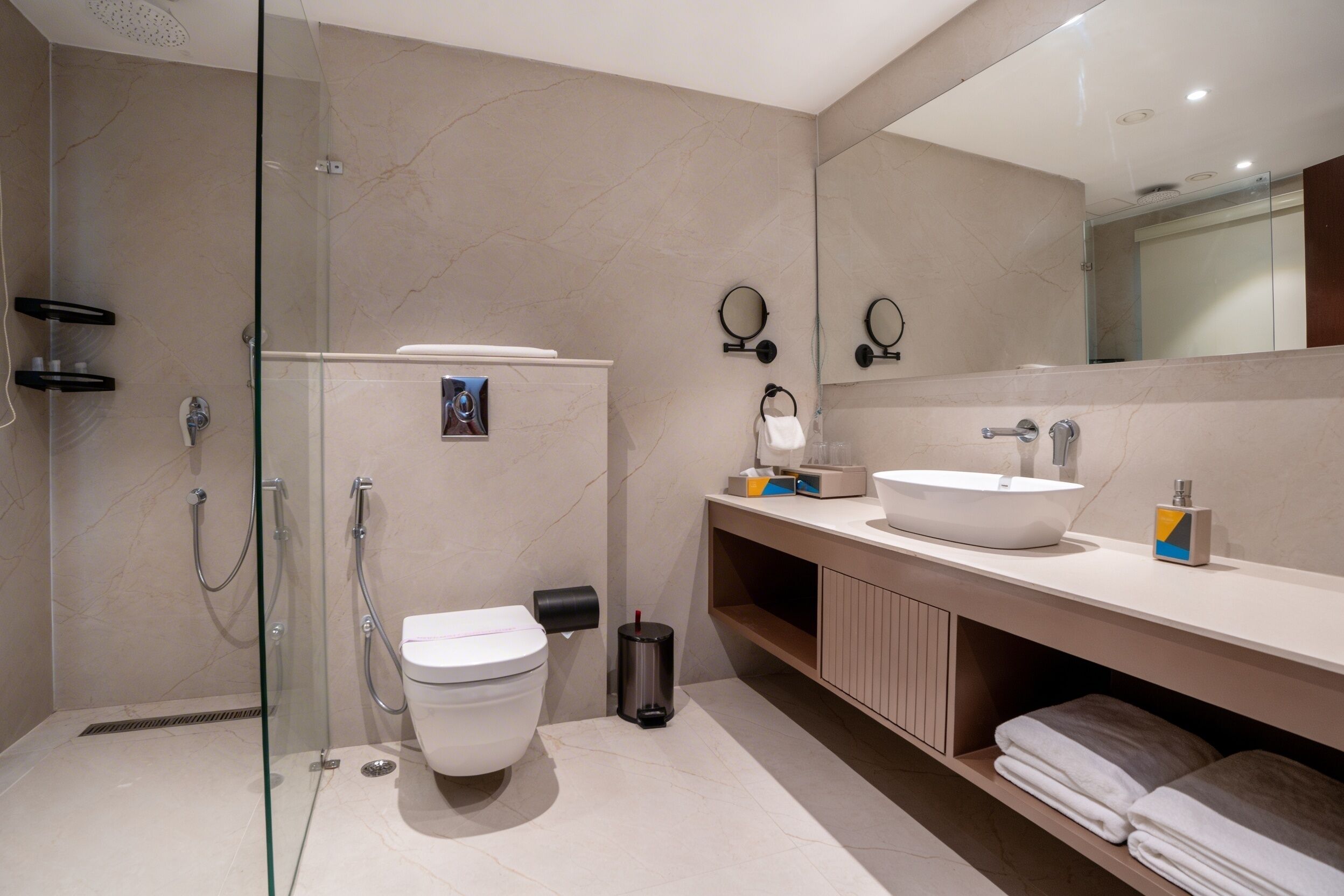 A modern bathroom with a glass-enclosed shower, a toilet, a sink, and a mirror.