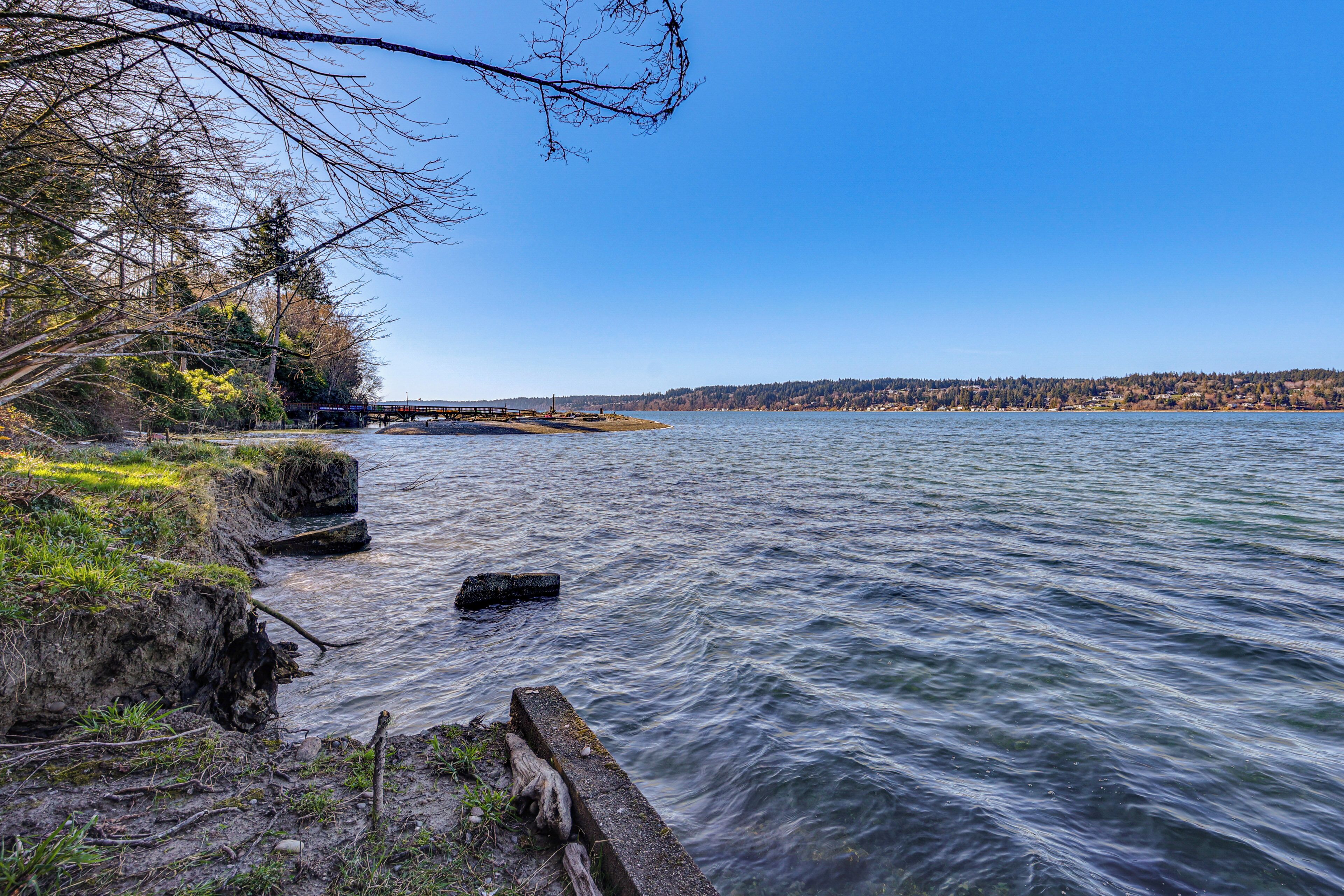 Eine Uferlandschaft mit einer Brücke, ruhigem Wasser und einem bewaldeten Gebiet.