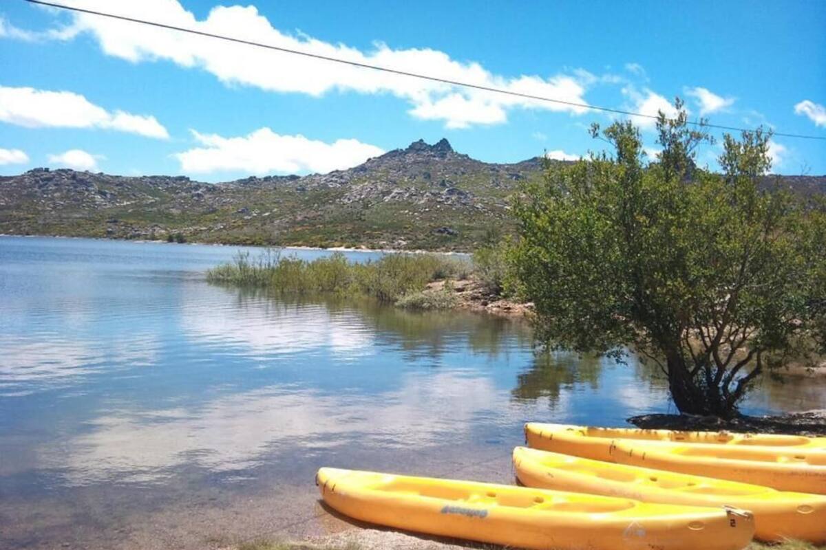 A calm lake with clear water, a tree, and three yellow kayaks on the shore.