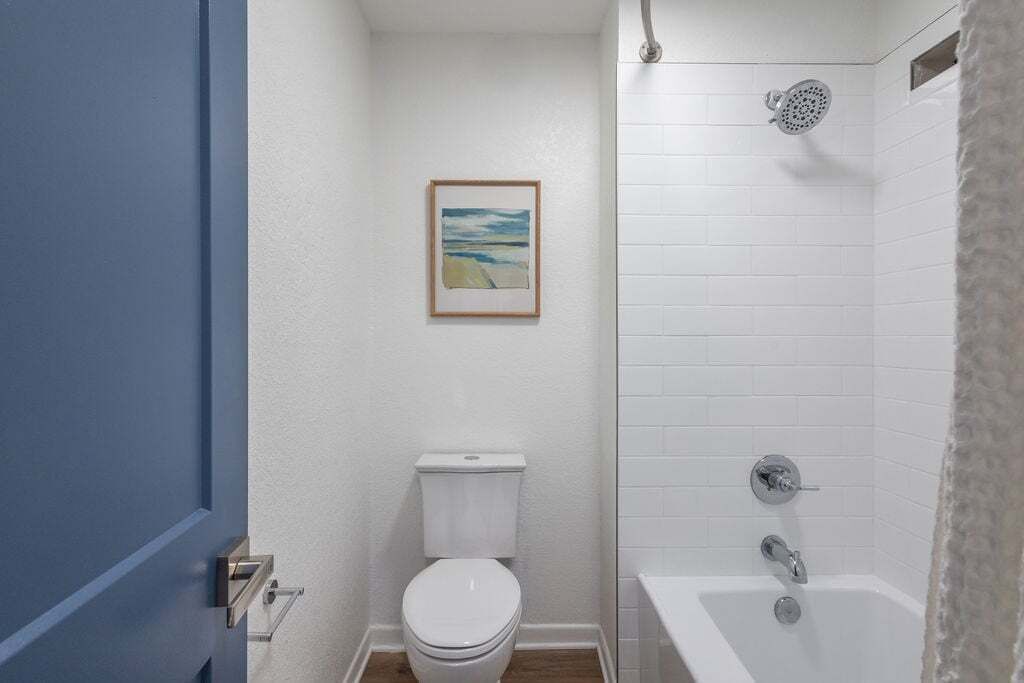 A bathroom with a toilet, a shower, and a framed picture on the wall.
