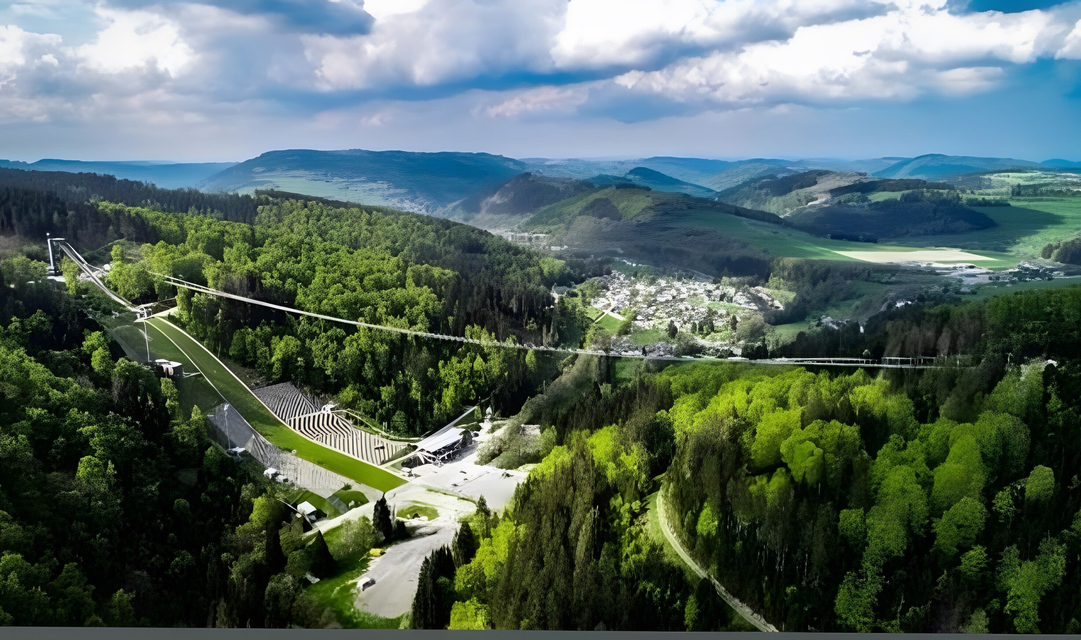 A suspension bridge, a forested area, and a distant town.