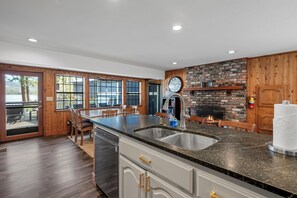 Fridge, microwave, oven, stovetop - Lakefront Escape with Private Dock, Hot Tub, AC, EV charger, & Game Room (Big Bear Lake)