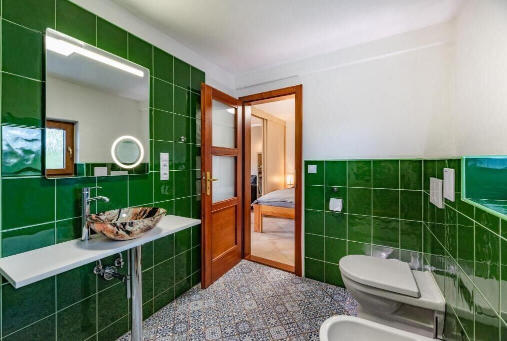 Ein Badezimmer mit grünen Fliesen, einem weißen Waschbecken mit dekorativer Schale, einem Spiegel mit Beleuchtung und einer Toilette.