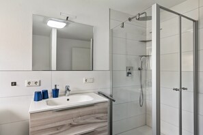 A modern bathroom with a glass shower enclosure, a white sink, and a mirror above it.