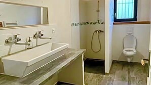 Une salle de bain équipée d’un lavabo, d’un miroir, d’une douche et de toilettes.