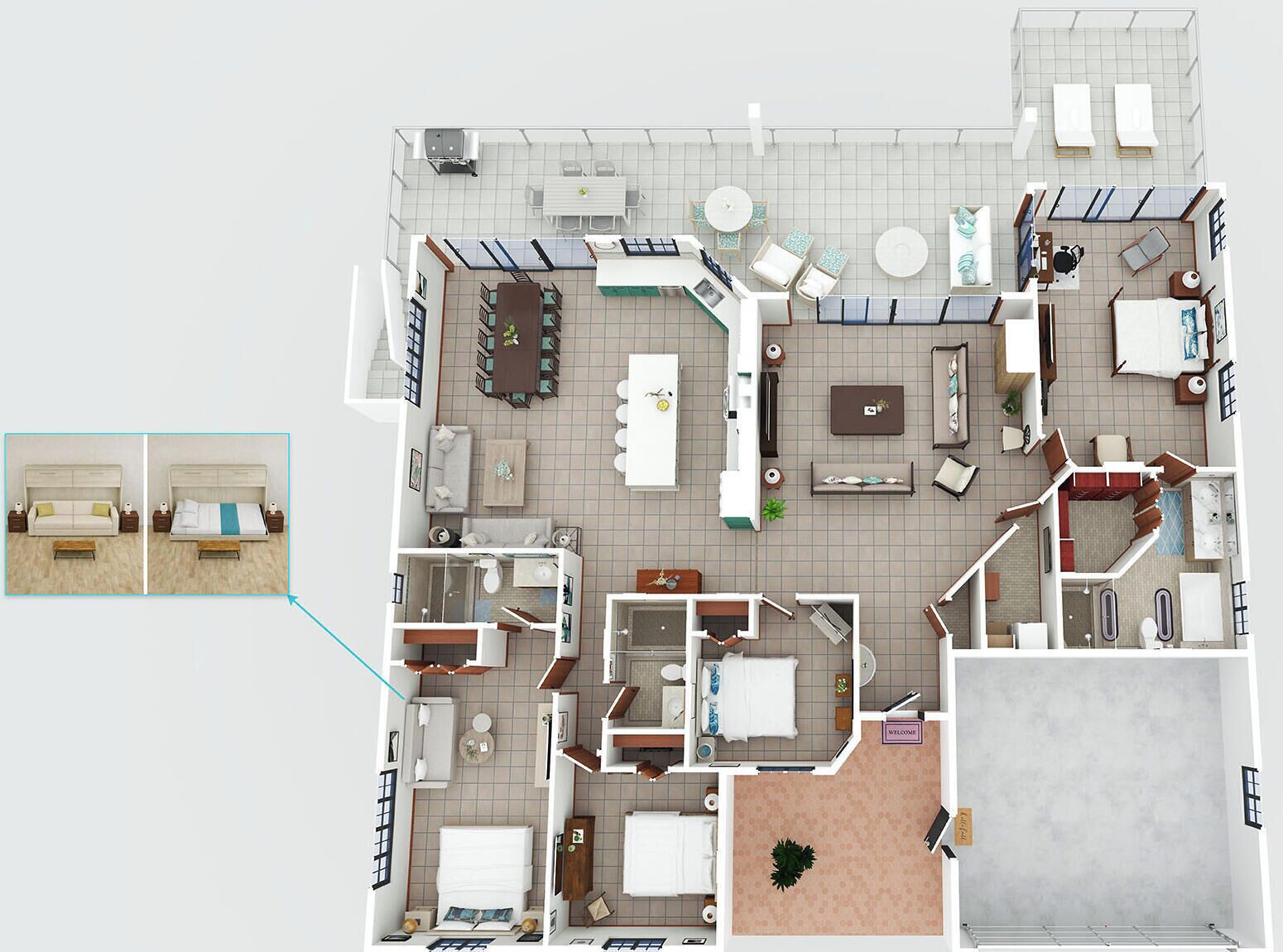 A 2-bedroom apartment layout with a kitchen, dining area, living room, and a balcony.