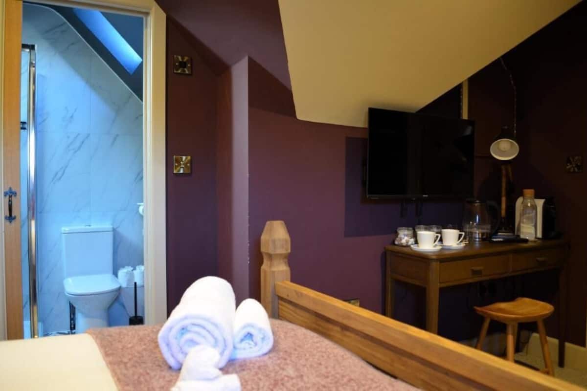 A hotel room with a bed, a wooden headboard, a desk with a chair, a television, and a bathroom with a toilet and shower.