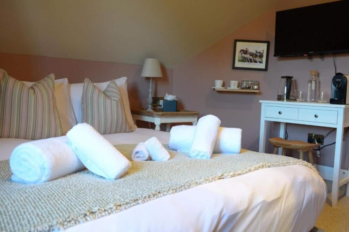 A hotel room with a bed, pillows, a bedside table with a lamp, a small desk, a chair, a TV mounted on the wall, and a framed picture.
