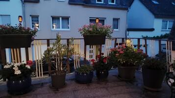 A balcony with potted plants and a railing.