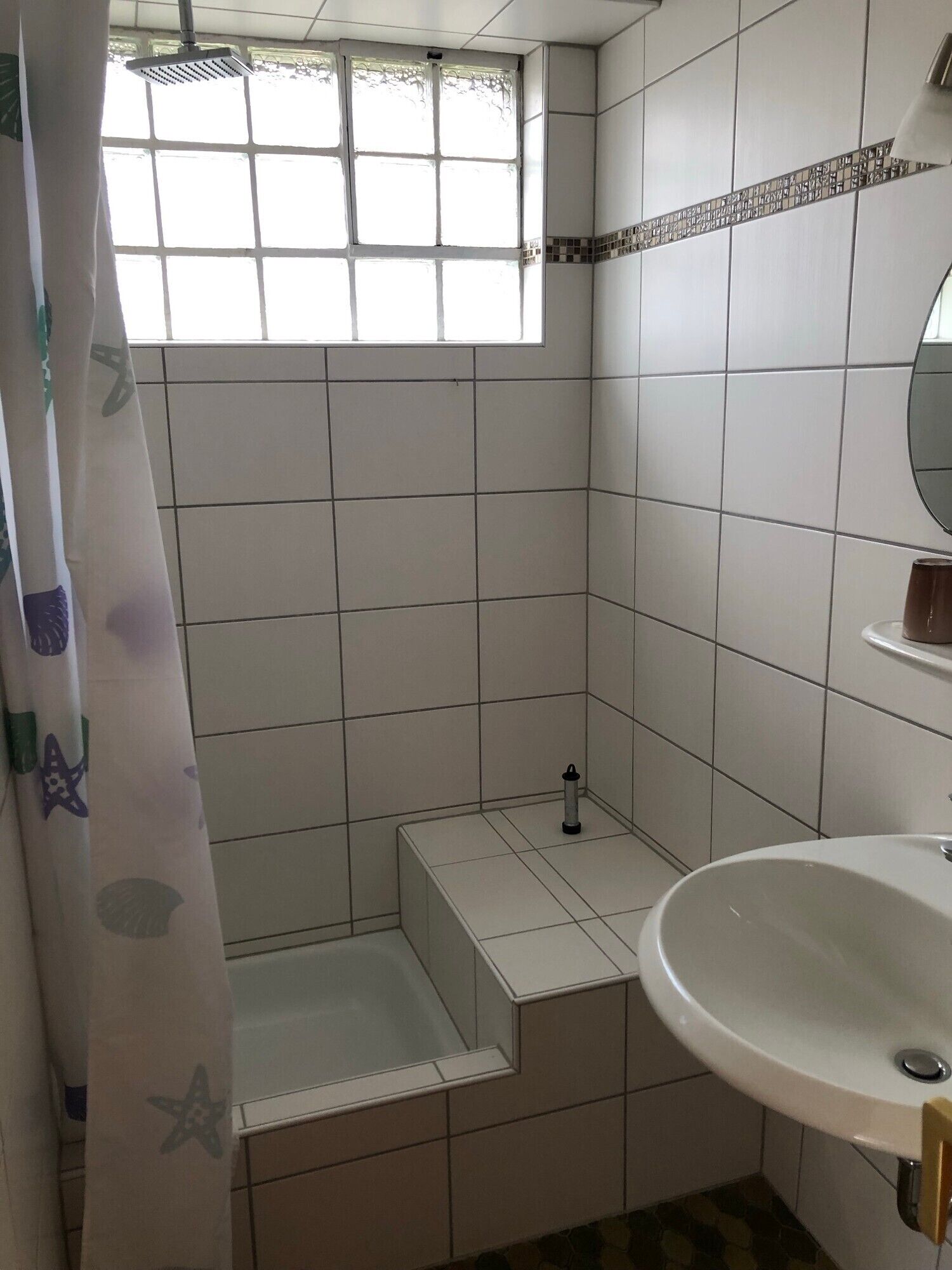 A bathroom with a shower, a sink, and a window.