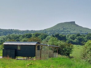 Eine kleine Holzhütte mit einem Metall-Dach, gelegen in einem grasbewachsen Feld mit einer Hügelkulisse im Hintergrund.