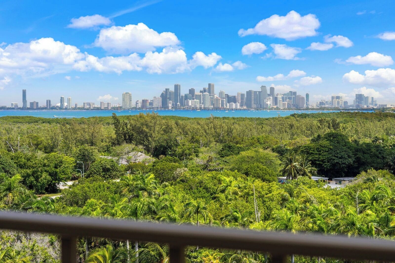A city skyline with dense greenery in the foreground.
