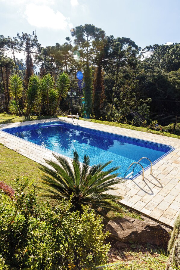 Ein rechteckiger Pool mit gefliestem Rand, umgeben von einer gepflasterten Terrasse und üppiger Bepflanzung, darunter Palmen und anderer Vegetation.