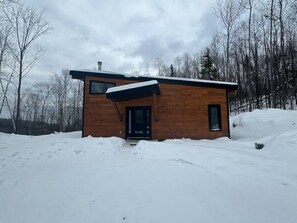 A wooden cabin with a black door and windows, surrounded by snow and trees.
