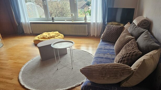 Een woonkamer met een bank, een ronde tafel, een gele relaxfauteuil en uitzicht door een raam.