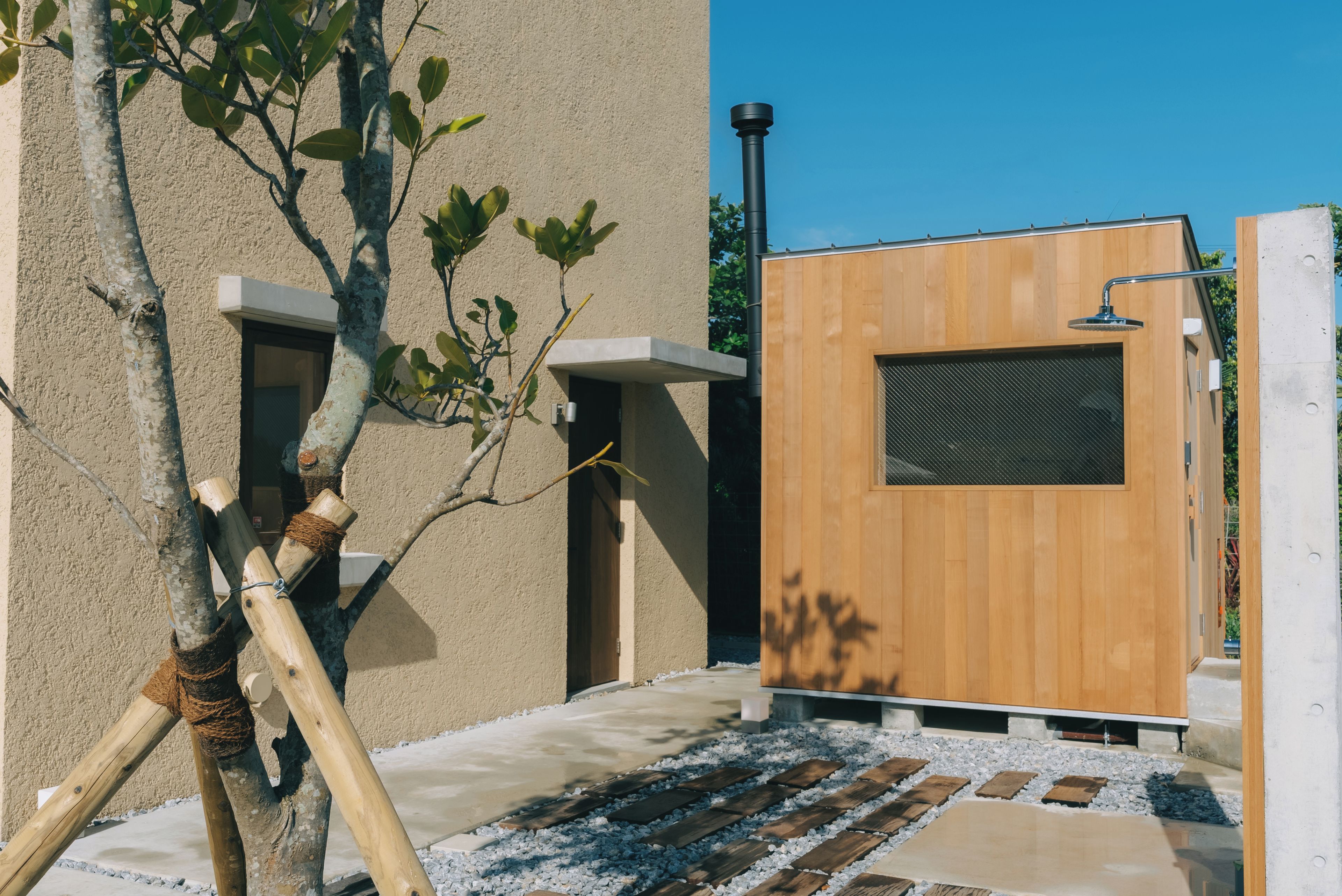 Un espacio exterior moderno con una puerta de madera, un muro de concreto y un árbol.