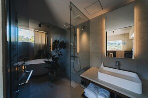 Superior Triple Room, Multiple Beds, Pool View, Poolside | Bathroom | Separate bathtub and shower, hair dryer, slippers, towels