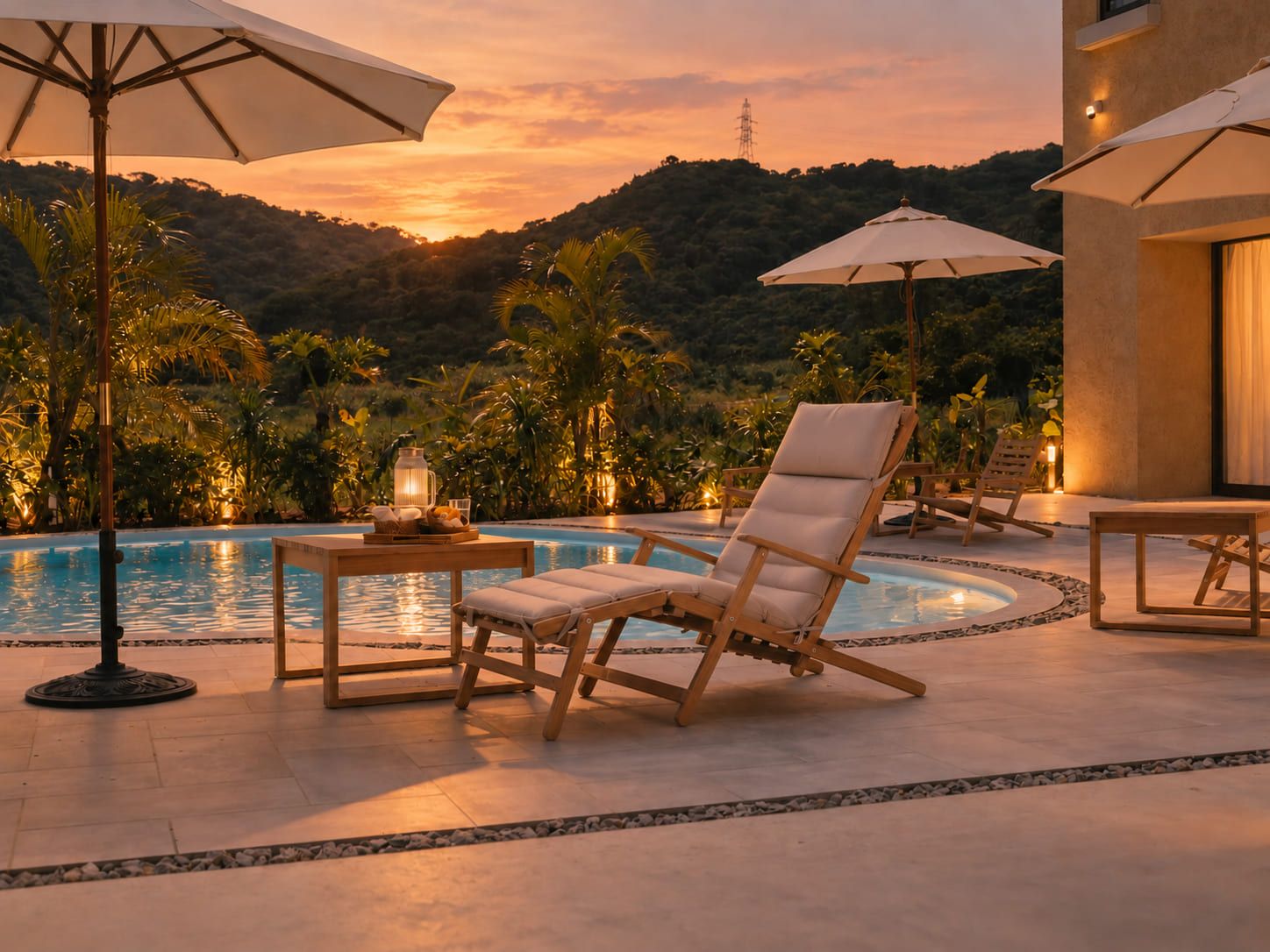 A poolside area with lounge chairs, umbrellas, and a table with a lantern.