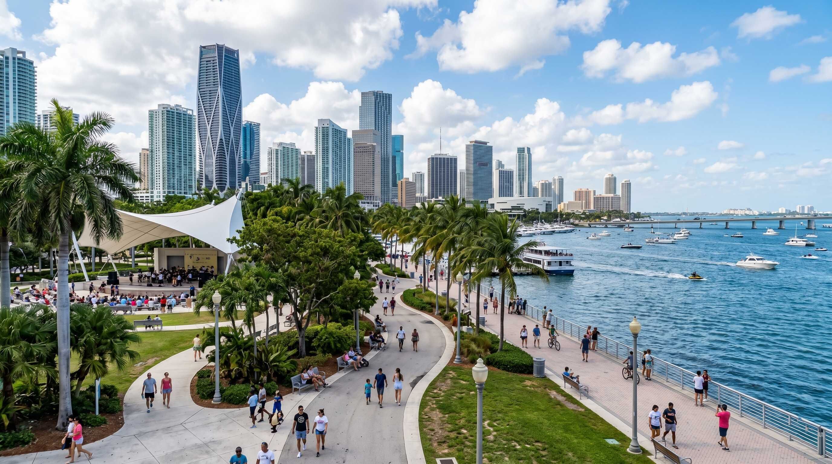 A waterfront promenade with a city skyline, palm trees, and a stage area.