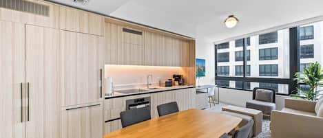 Fridge, microwave, oven, stovetop