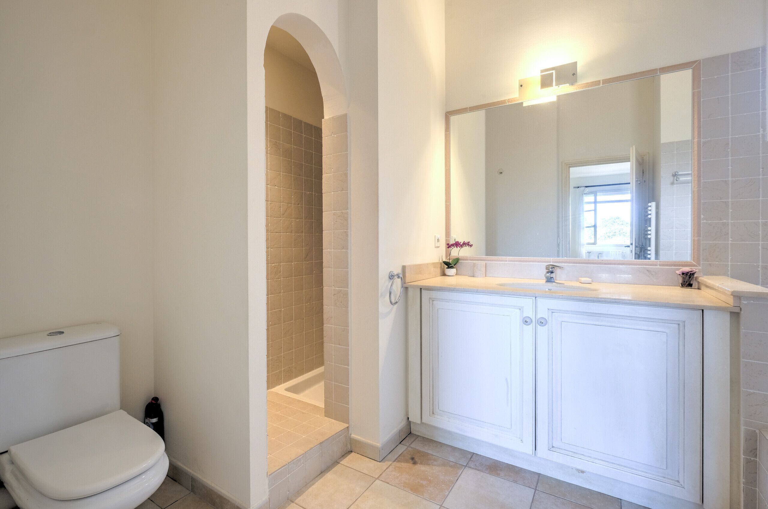 Une salle de bain équipée de toilettes, d’une douche et d’un meuble-lavabo avec un miroir.