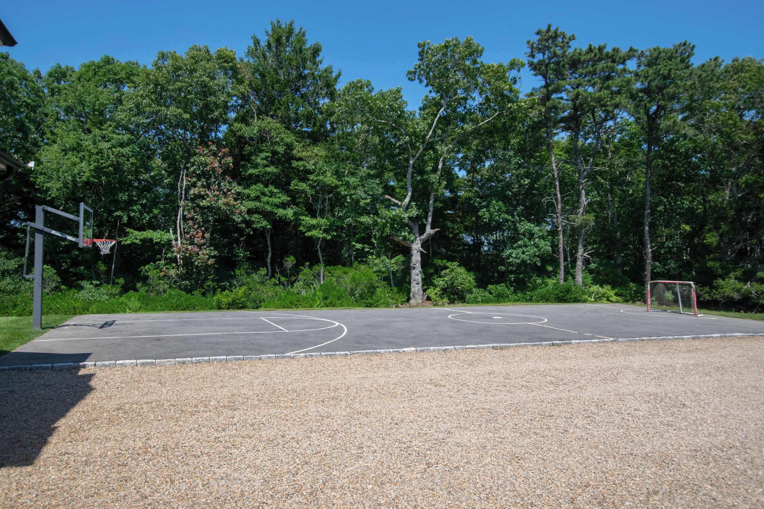 Un terrain de basket en plein air, équipé d’un panier, entouré d’arbres et sous un ciel dégagé.