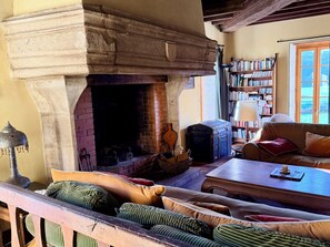 TV, fireplace - Former mill of the Château de Bourbilly transformed into a pretty country house (Vic-de-Chassenay)