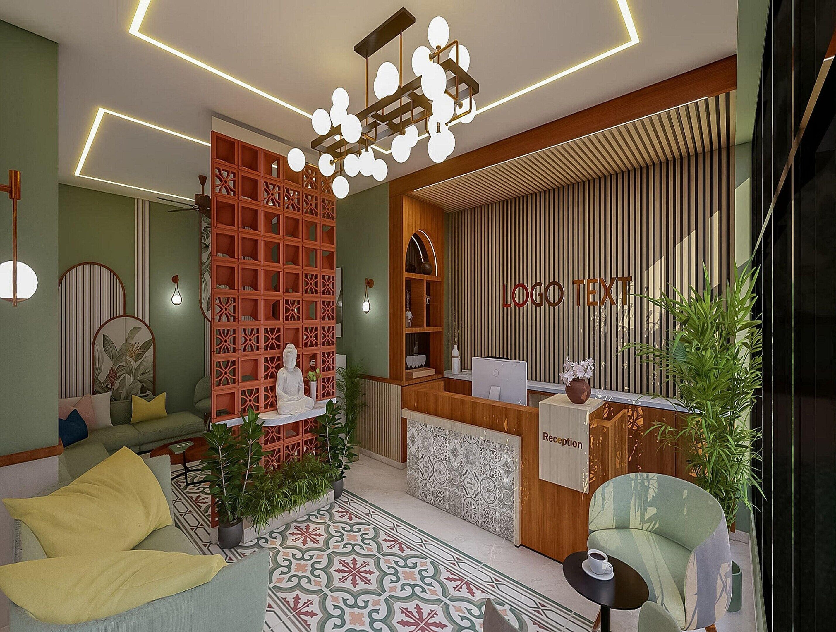 Una zona de recepción con un mostrador de madera, un cartel de recepción, una estatua de Buda y un piso con diseño.