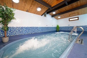 An indoor swimming pool with a wooden ceiling, tiled walls, and a metal pool ladder. - Our Little Escape - w/ Pool and Gym (Port Carlisle)