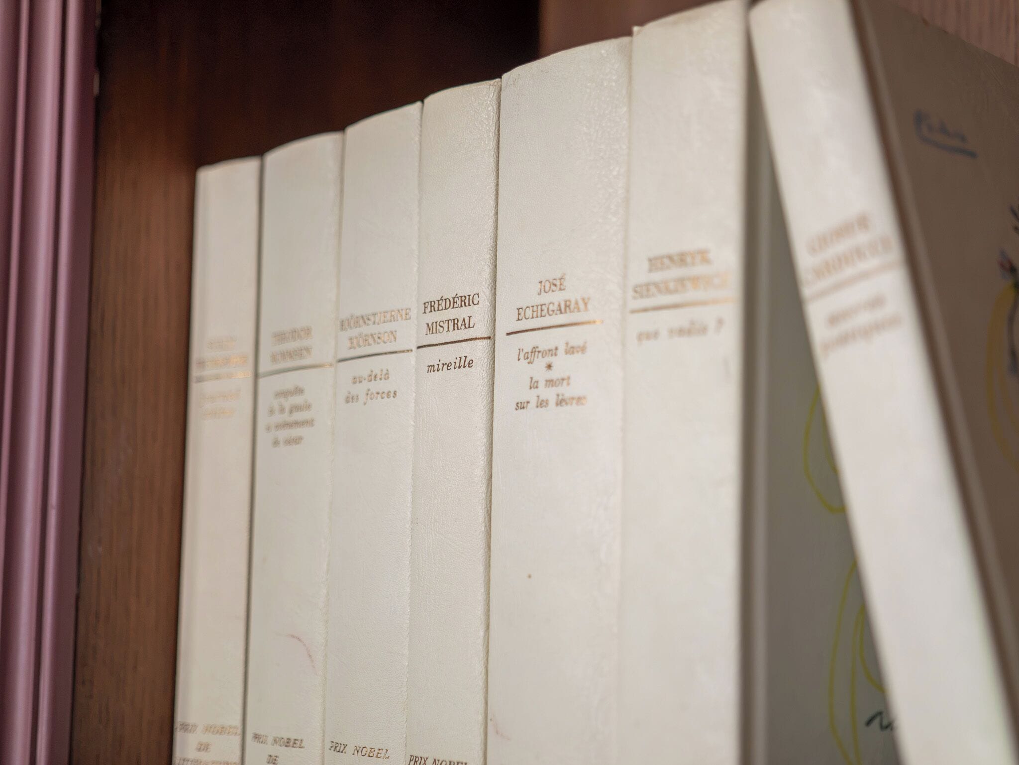 A row of books with visible titles and authors on their spines.