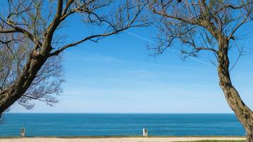 A beach with a clear sky, a grassy area, and a view of the ocean.
