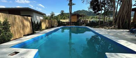 A rectangular swimming pool with a curved edge, surrounded by a concrete deck.