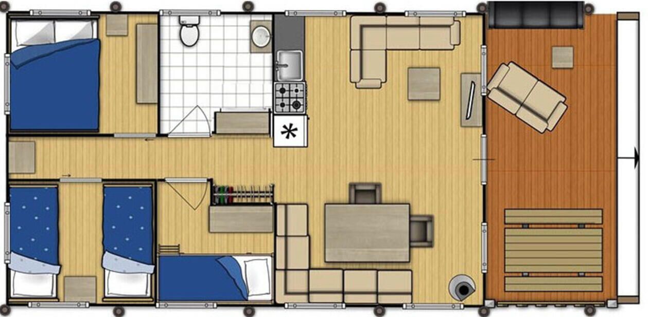A floor plan of a cabin with two bedrooms, a bathroom, a kitchenette, a living area with a sofa and table, and a small balcony.