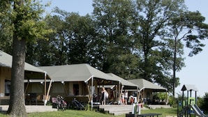 Een camping met meerdere tenten, picknicktafels en een speeltuin.