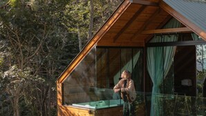 A cabin with a glass enclosure, wooden exterior, and a person standing outside.