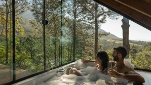 A couple in a hot tub with a scenic forest view.