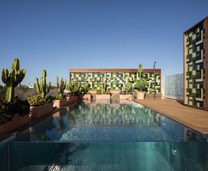 Ein Pool auf dem Dach mit freiem Blick zum Himmel, umgeben von Kakteen und einem modernen Gebäude mit einer geometrischen Wandmosaik.