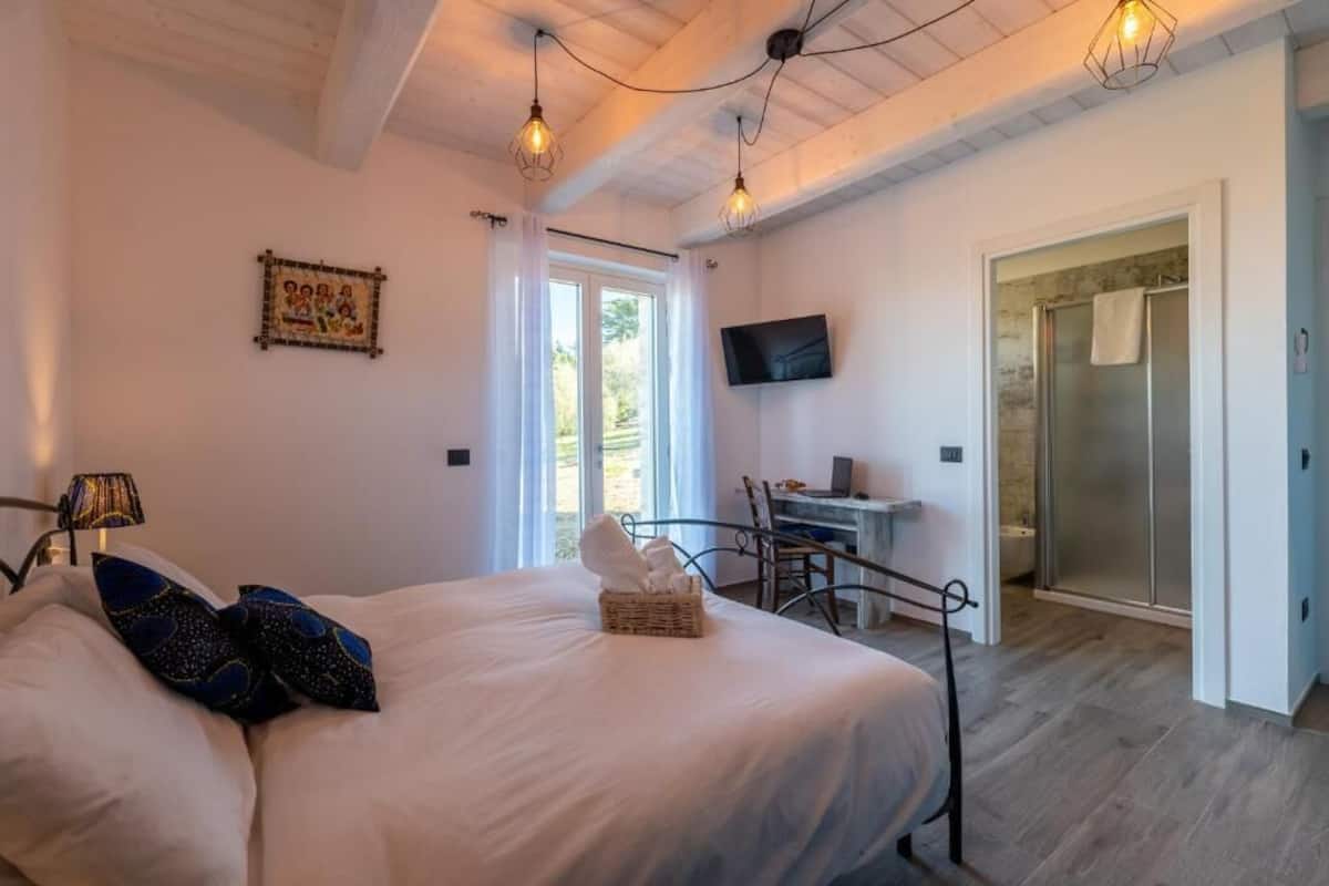 A bedroom with a bed, a desk, a shower, and a TV.
